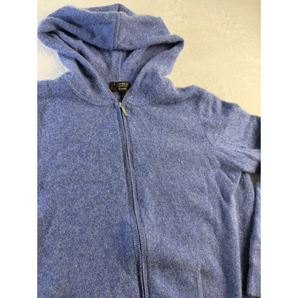 Cashmere Charter Club Luxury Cashmere Full Zip Hooded Hoodie Blue Women L New - Picture 3 of 8